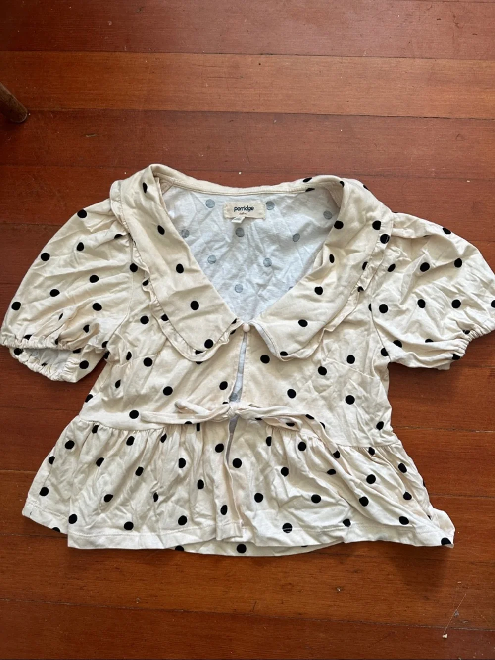 Porridge Cream Polka Dot Peplum Blouse with Peter Pan Collar - Picture 1 of 1
